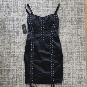 Marciano Black Satin Lace-Up Bodycon Mini Dress